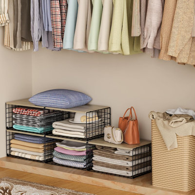 3‑Pack Stackable Closet Organizer with Wood Top – Durable Metal Wire Storage Bins, Space‑Saving Shelf System for Clothes, Accessories, Bedroom, Entryway, Laundry Room