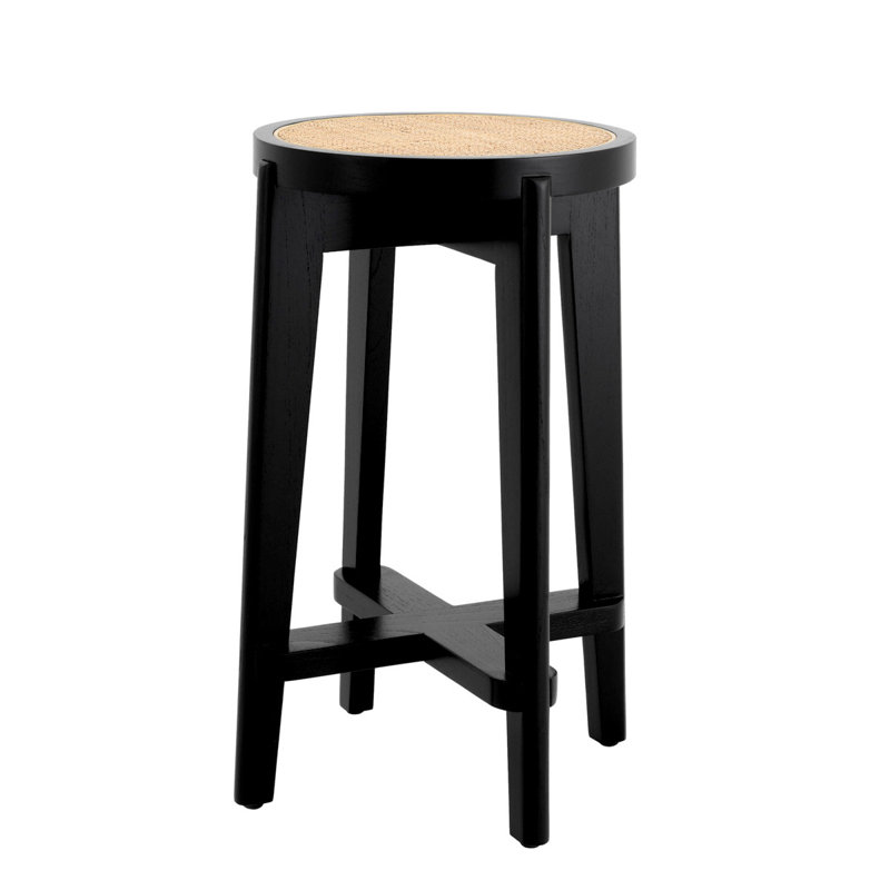 Black Solid Wood Counter Stool with Rattan Cane Seat