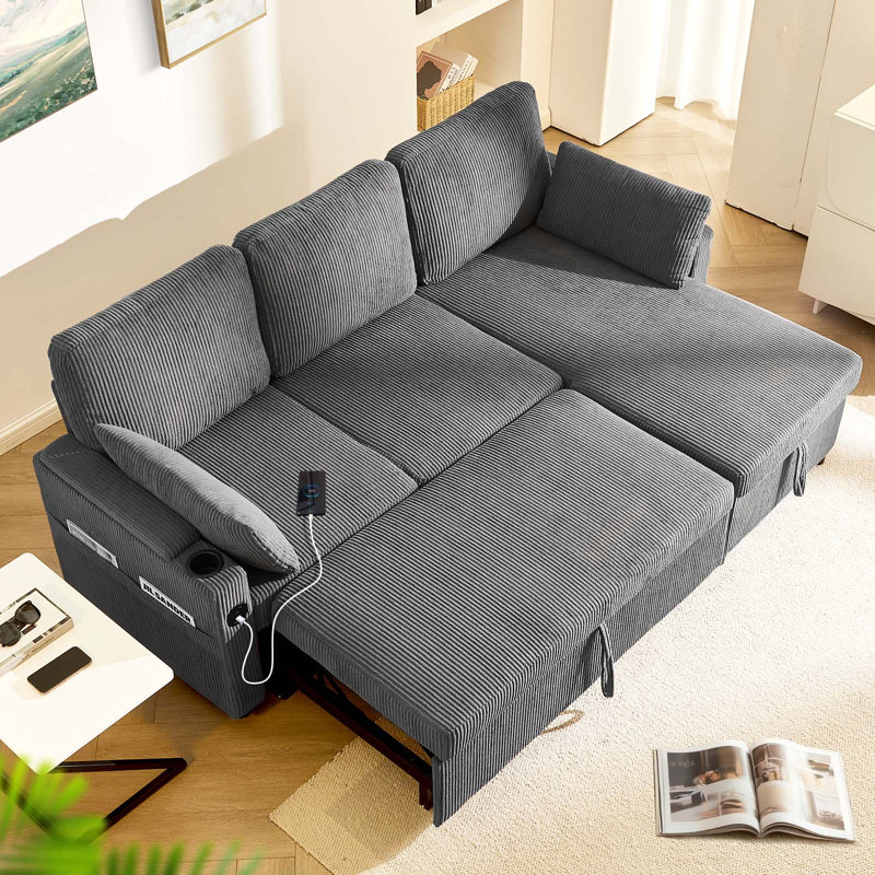 3 Seater Sofa Bed, 2-In-1 Pull-out Sleeper Couch with Storage Chaise and Armrest, Sectional L-Shaped Convertible Sofa Bed with USB & Cup Holder for Apartment Living Room Fabric