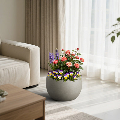 L 18,5 po x H 13 po pierre grise ronde grande plante / pot de plante d'intérieur / extérieur avec trou de drainage