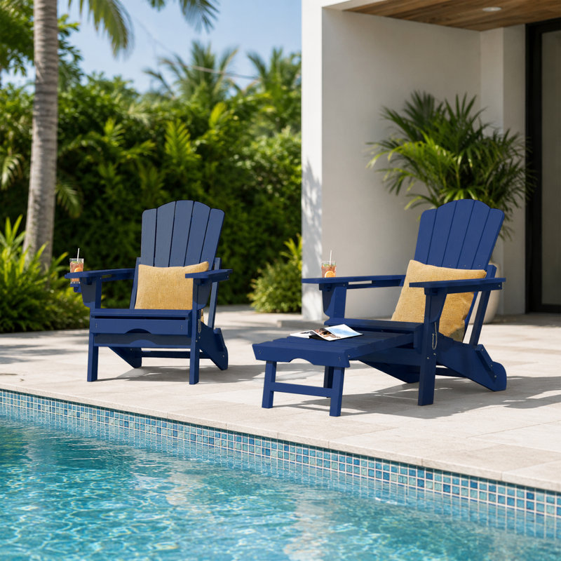 Navy Blue Outdoor HDPE Folding Adirondack Chair with Retractable Ottoman and Cup Holder (Set of 2), Blue