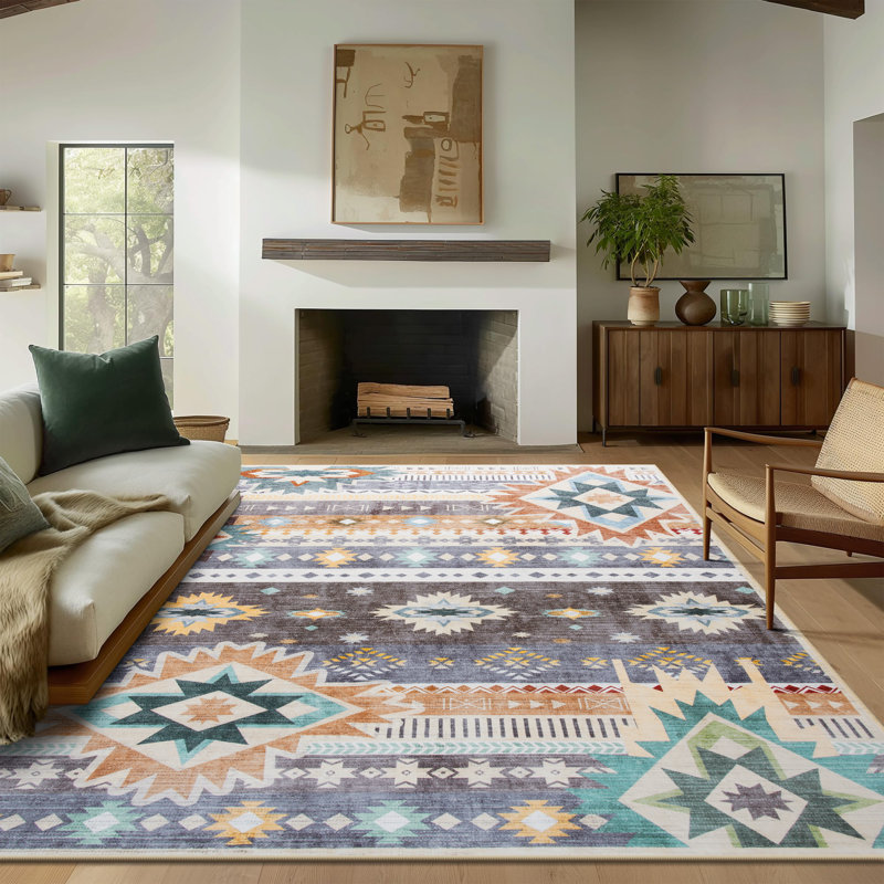 Tapis aztèque à motif marocain lavable à la machine Wymond avec envers antidérapant, Rectangle 4pi x 6 pi