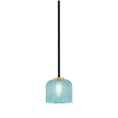 Amarmula 1 Light Stem Mini Pendant, Matte Black & New Aged Brass Finish, 6" Turquoise Textured Glass