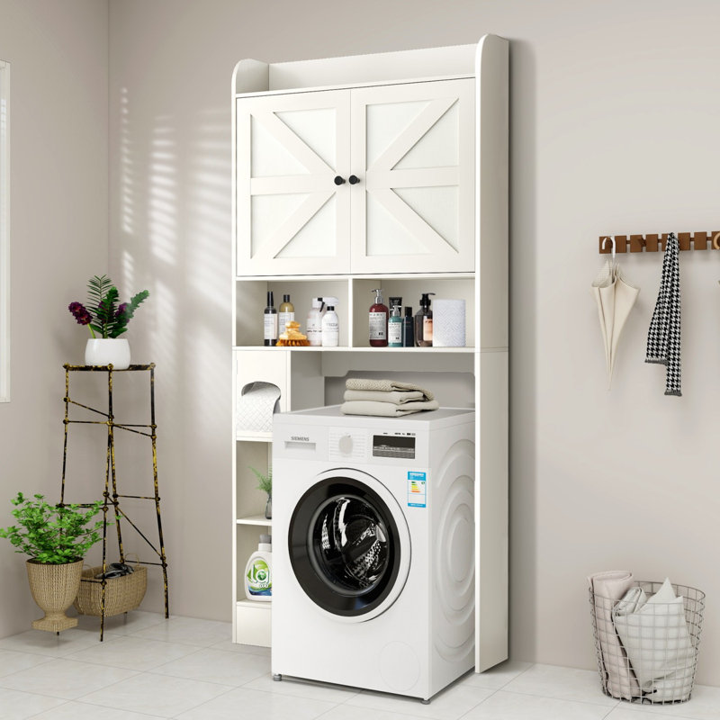Rangement autoportant au-dessus de la toilette, armoire de rangement de salle de bain à 6 niveaux avec tablettes réglables, portes de grange