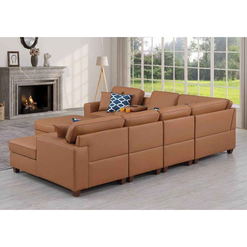 Belmont - Canapé modulaire en cuir en U avec console porte-gobelet et repose-pieds, Similicuir brun