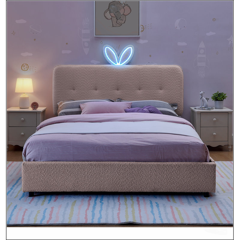 Lit enfant capitonné avec tête de lit oreilles de lapin, lumière DEL et 4 tiroirs de rangement, taille standard, tissu bouclé