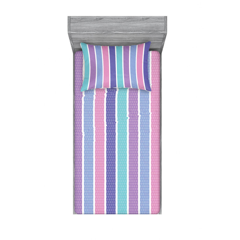Microfiber Striped Sheet Set, Twin Sheet Set with Fitted Sheet, Purle/Pink/Turquoise Striped