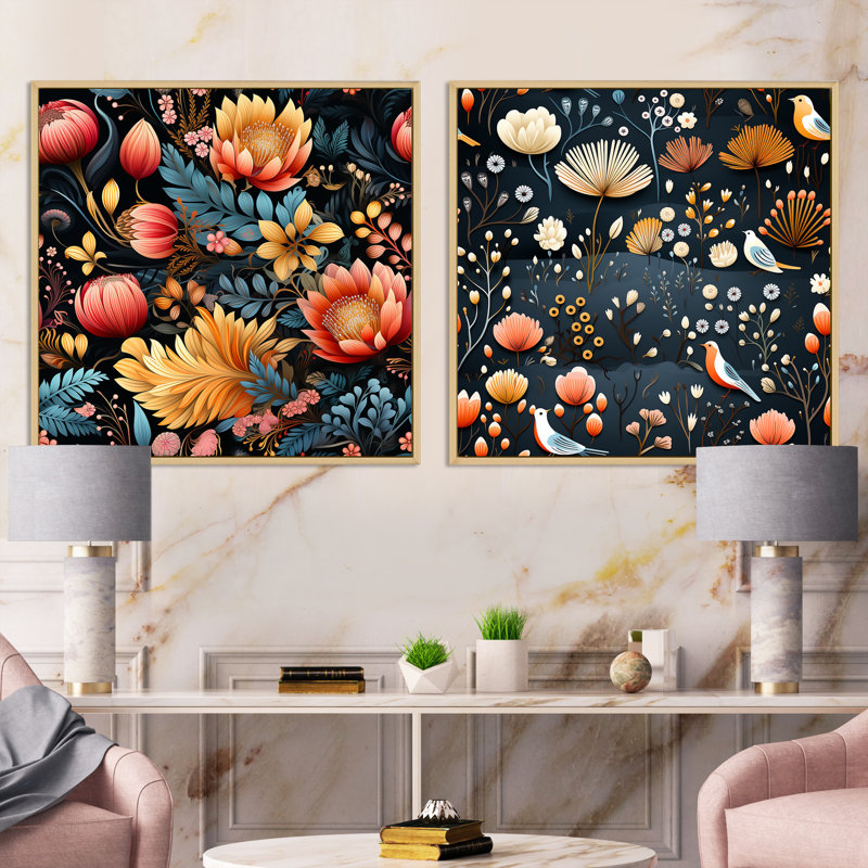 Iban - Ensemble de 2 collages carrés botaniques abstraits, Cadre flottant brun, H 30 po x l 61 po