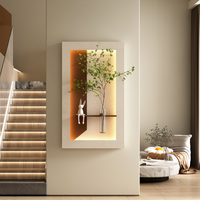 Décoration murale réglable en grès à 3 couleurs avec plantes vertes simulées - sculpture d'art 3D, vase en verre et statue de lapin, bandes lumineuses télécommandées pour le salon, la chambre à coucher, le couloir