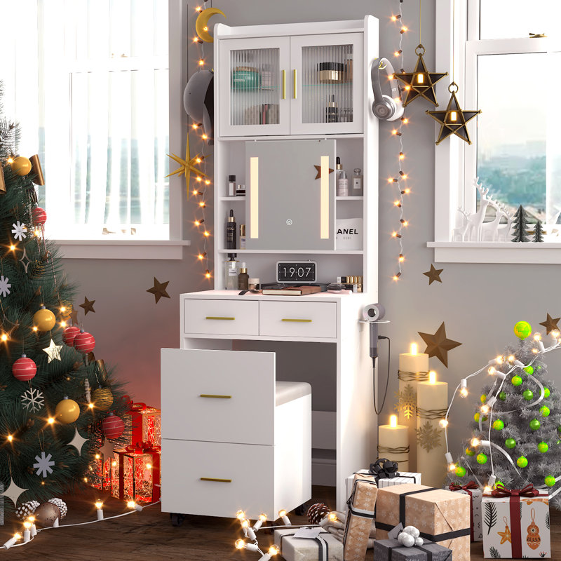 Makeup Vanity Set with LED Lights and Power Outlets, White