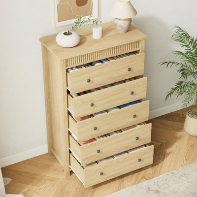 Commode haute 5 tiroirs pour chambre à coucher, commode cannelée de 31,5 po de largeur, armoire de rangement moderne en bois pour chambre d'enfant, couloir et salon