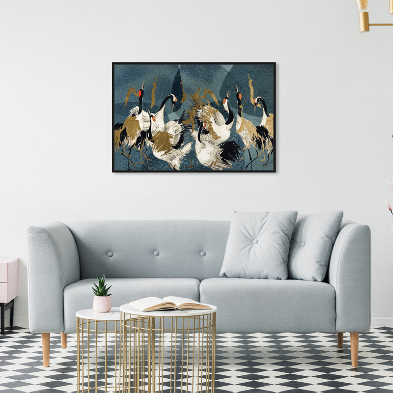 «Crane Love» par Oliver Gal, Toile avec cadre flottant noir, H 21 po x l 31 po x P 1,75 po
