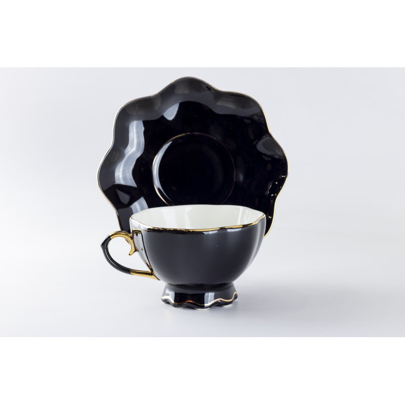 Porcelain Teacup and Saucer, Black/Gold