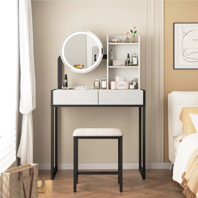 Compact Makeup Vanity Desk With LED Mirror, 3 Lighting Modes, Power Outlet, Drawer, Shelves, And Cushioned Stool For Small Spaces