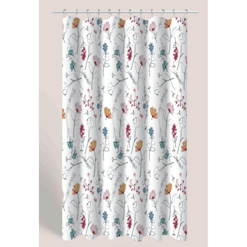 Rideau de douche en polyester + crochets en métal - Floral, Blanc / rose / orange / bleu