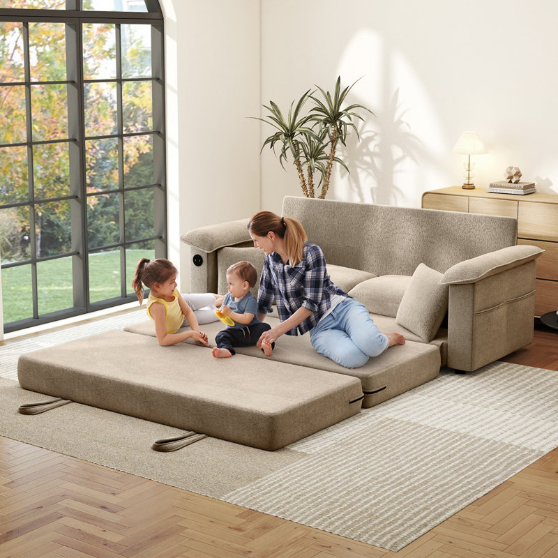 Modern Queen Size Sleeper Sofa Couch, 70.9" Wide Convertible Sofa Bed With 2 Pillows And Charging Port For Guest Room, Living Room,  RVs