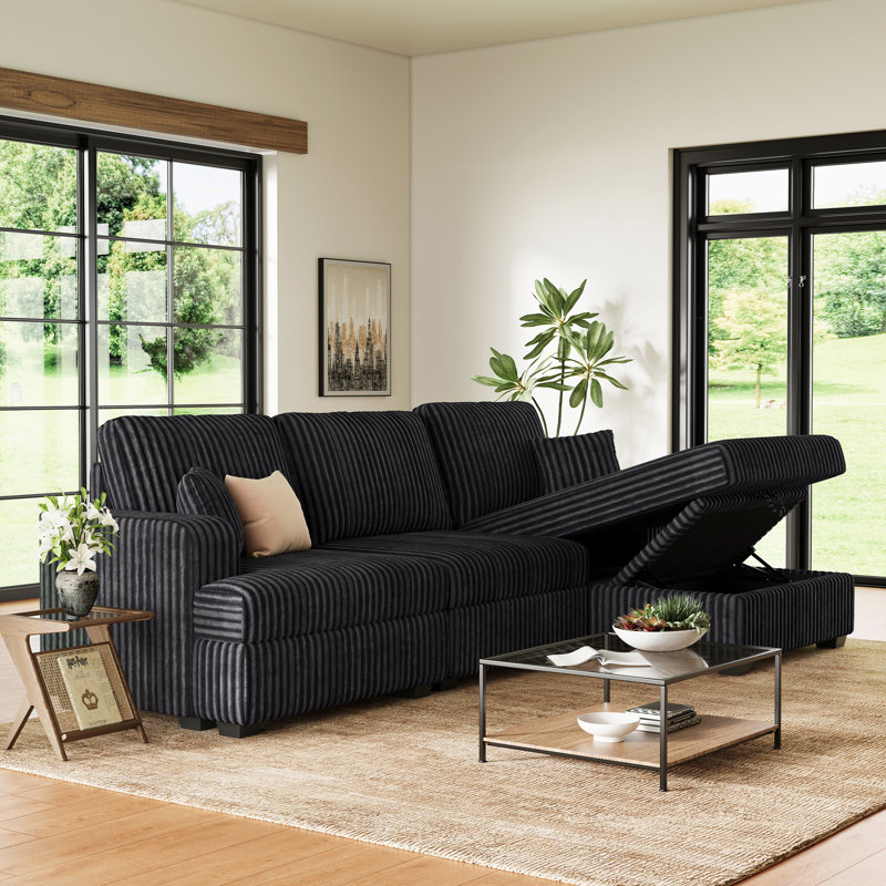  Bianca Wide Plush Corduroy 3-Seat L Shaped Modular Sofa with Storage, Dark Gray Corduroy, Right Hand Facing