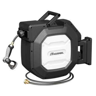 Enrouleur de boyau d'arrosage HOZEREEL 5/8 po x 100 pi, robuste et rétractable, résistant aux UV, avec rangement automatique mural et verrouillage de la longueur, pivotant à 180°, 10 jets différents.