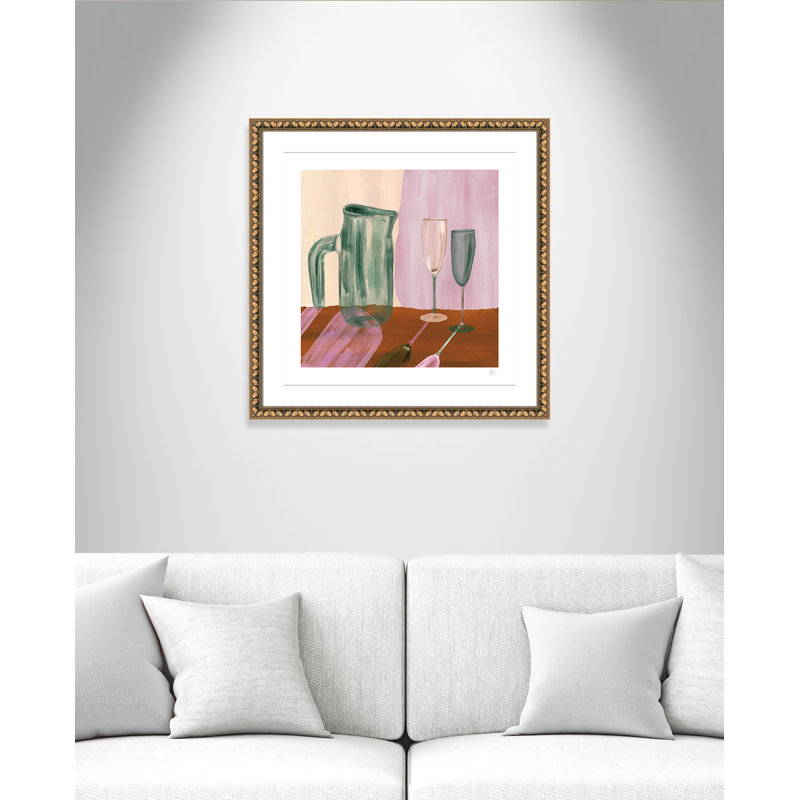 «Jug and Champagne Flutes Print» par Violets Print House, L 28,5 po x H 28,5 po, Imprimé mat, Perles de feuilles dorées