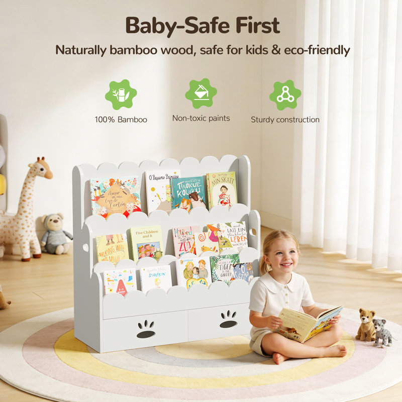 Montessori  3-Tier  Bamboo Kids Bookcase with Drawers, White