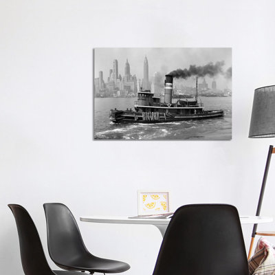 1940s Steam Engine Tugboat On Hudson River With New York City Skyline In Smokey Background Outdoor - Wrapped Canvas Print