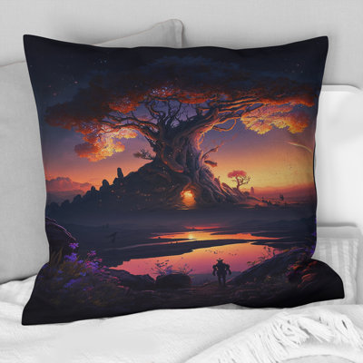 Sunset Over Bonsai Tree By Lake II - Tree Printed Throw Pillow