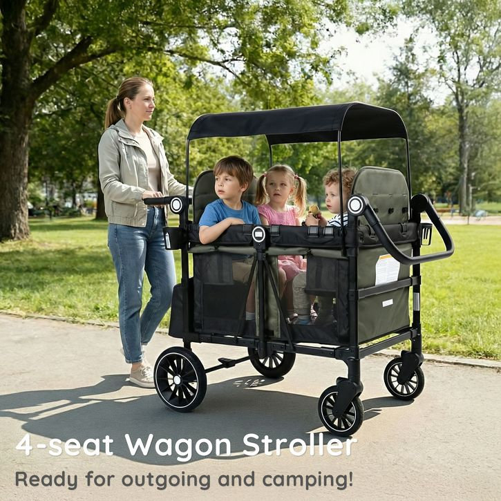 4-Seater Foldable Wagon Stroller with Canopy and Adjustable Handle for Kids, Green, Black-Green