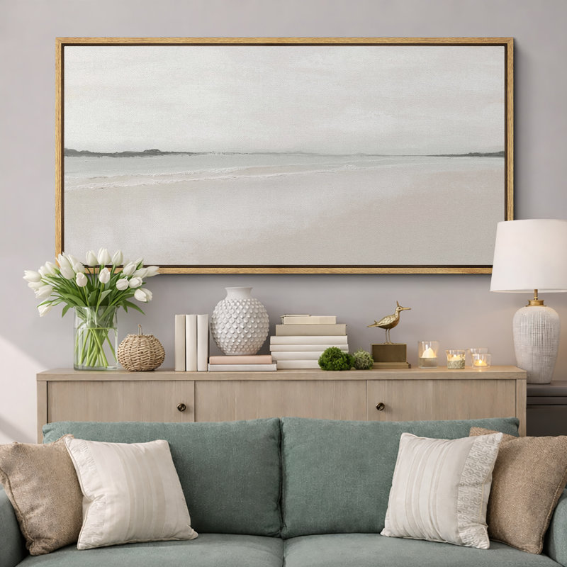 Muted Coastal Beach Serene Modern Neutral Extra Large Pictures Framed Canvas Print Wall Art, 30" H x 60" W, Natural