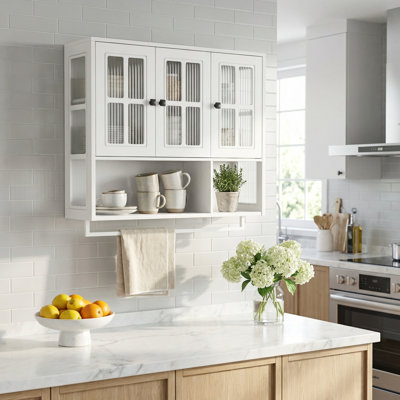 Three-Door Wall Cabinet with Open Shelf and Towel Bar for Bathroom and Living Areas