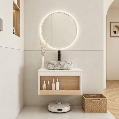 Ensemble de meuble-lavabo moderne flottant avec lavabo vasque en céramique et tablette de rangement ouverte murale (24 po / 30 po / 36 po)