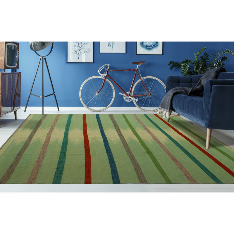 Tapis vert / blé en laine noué à la main de conception unique 8 pi 1 po x 9 pi 6 po Janja