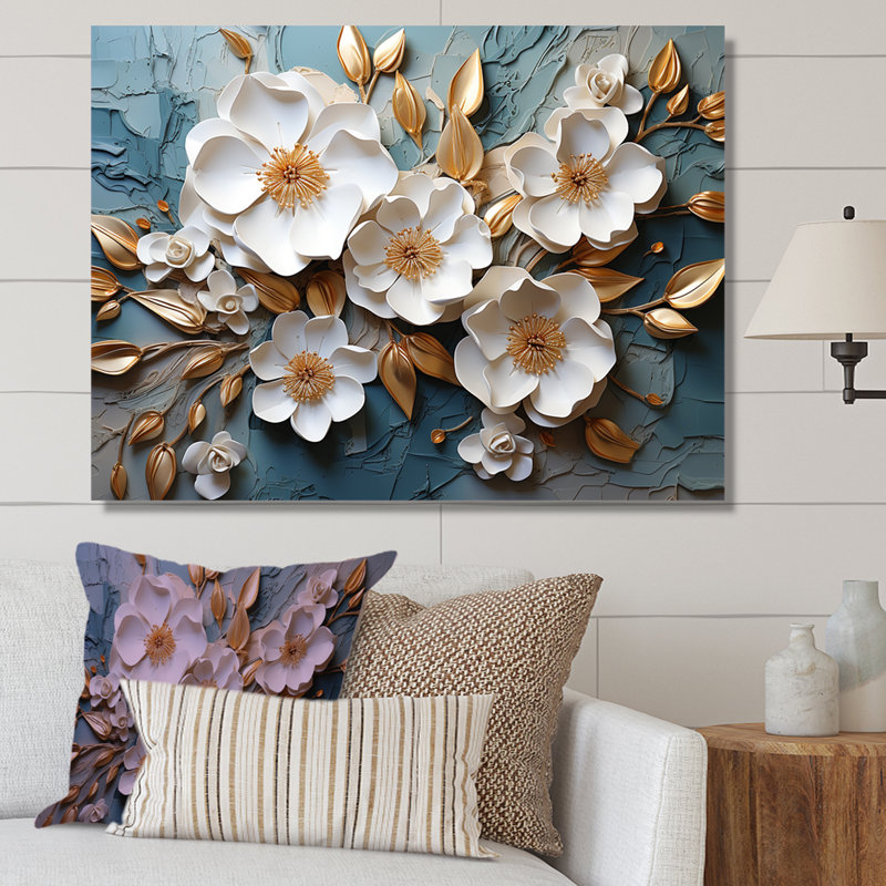 Blanc et or, charmante fleur printanière, V - Fleurs, art mural, Toile tendue, H 16 po x l 32 po x P 1 po