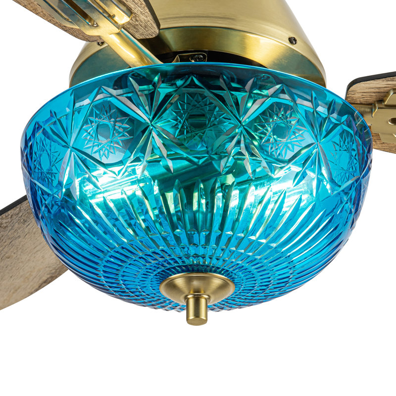Ventilateur de plafond à DEL en verre taillé à la main de 42 po avec télécommande Valencia, Doré avec pales brunes