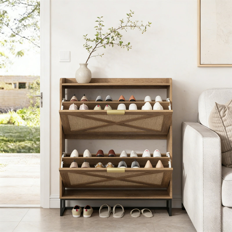Shoe Storage Cabinet With 2 Rattan Flip Drawers, Freestanding Narrow Organizer With Metal Legs For Entryway, Rustic Oak Rattan