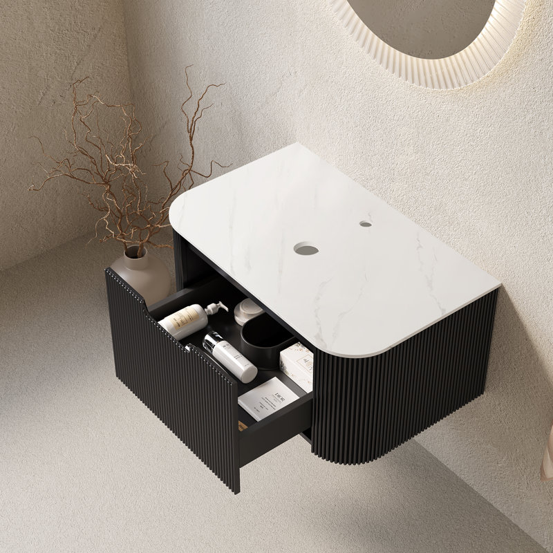 Armoire murale en contreplaqué Dina de 30 po avec comptoir en pierre frittée blanc de Carrare, un tiroir, sans lavabo, sans robinet ni drain, couleur noire