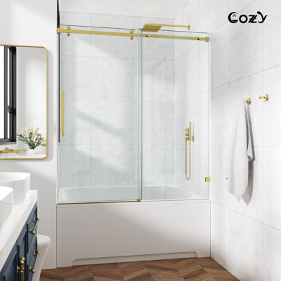 50-55" W x 60" H Frameless Single Sliding Tub Door, 3/8"(10mm) SGCC Tempered Clear Glass with R5 Beveled Edge, Shatter-Resistant Anti-Explosion Film, Square Top Rail & Installation Hole Locator