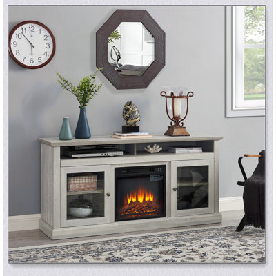 Meuble télé contemporain avec meuble télé avec foyer encastrable 18 po pour téléviseur de 65 po ou moins avec espace de rangement ouvert et fermé, pierre, l 60 po x P 15,75 po x H 29 po