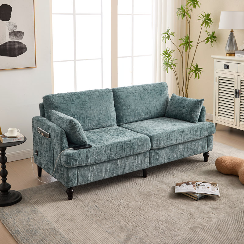 Canapé à 2 places en bois de style moderne avec lumière DEL, port de chargement USB et sac de rangement, Bleu lac