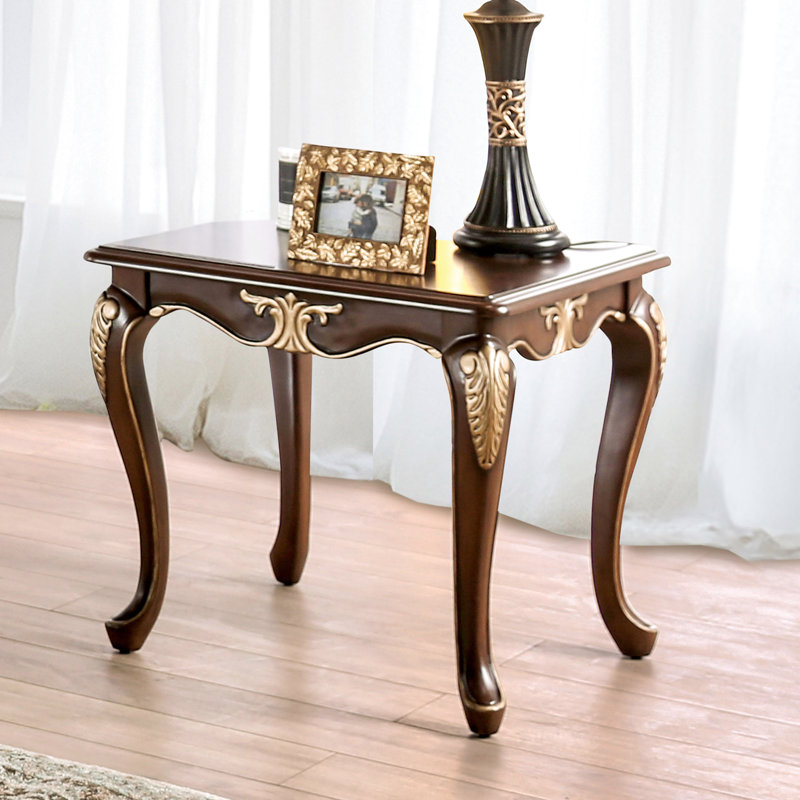 Table de bout 1pc de style traditionnel, détails, détails dorés, pieds, fabrication en bois massif, couleur tabac riche, style profond de 26,5 po avec placage, finition, largeur de 27,5 po