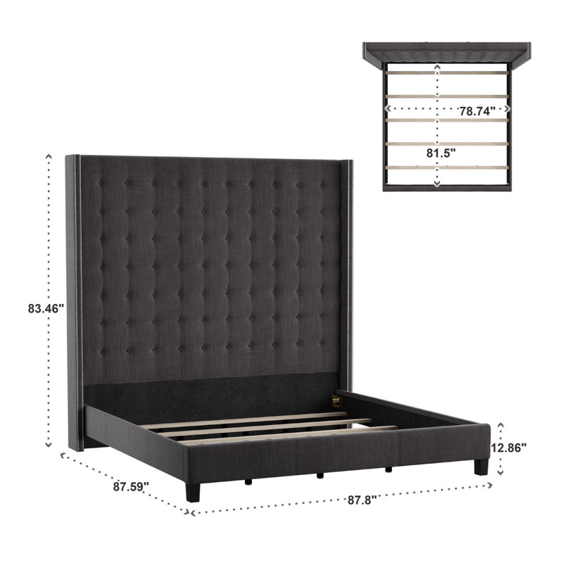 Kaster Upholstered Wingback Bed, Heathered Dark Grey Linen, Eastern King