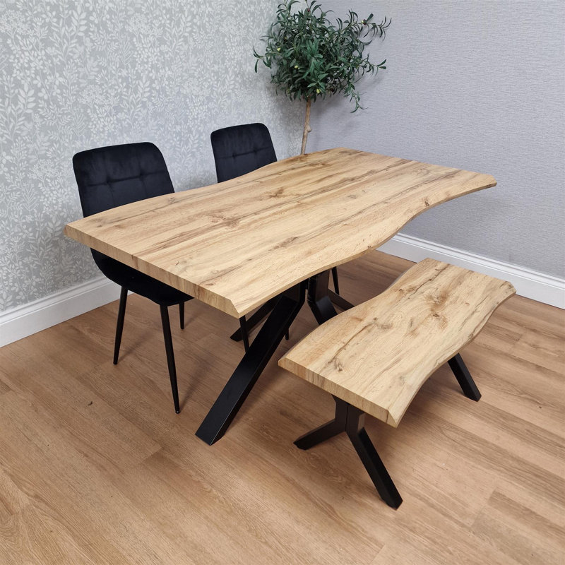 Brown Wooden Dining Table with 2 Black Chairs and Bench - Dining Furniture, Brown Wooden, 75cmH x 140cmL x 80cmW