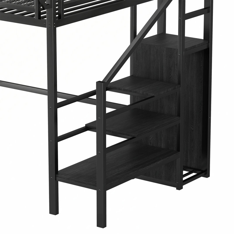 Lit mezzanine en métal avec tablettes de rangement, Noir