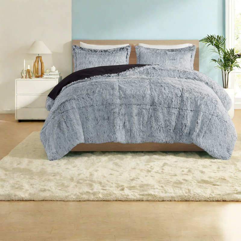 Ensemble de literie moderne en fausse fourrure, édredon en polyester gris et taies décoratives pour chambres douillettes