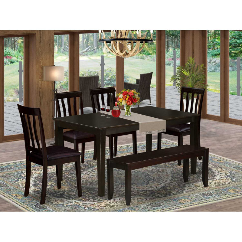 6-Piece Rectangle Cappuccino Finish Solid Wood Top Dining Table with 1 Bench, 4 Chairs with Lattice Back