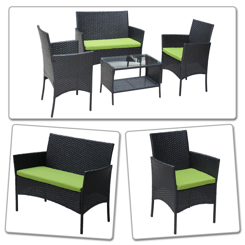 Ensemble de conversation avec canapé en rotin et coussins 4 pièces Michailas, Vert
