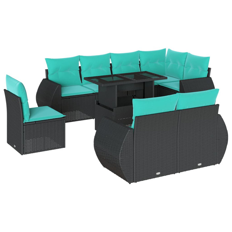 Ensemble de canapé de patio 9 pièces avec coussins en rotin de polyester, Bleu clair, Noir