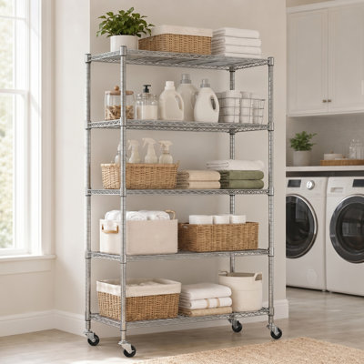 Tier Wire Shelving Unit with Wheels, Adjustable Metal Storage Rack for Small Spaces, Heavy Duty Storage Organizer for Pantry, Kitchen, Garage, Laundry Room, Carbon Steel