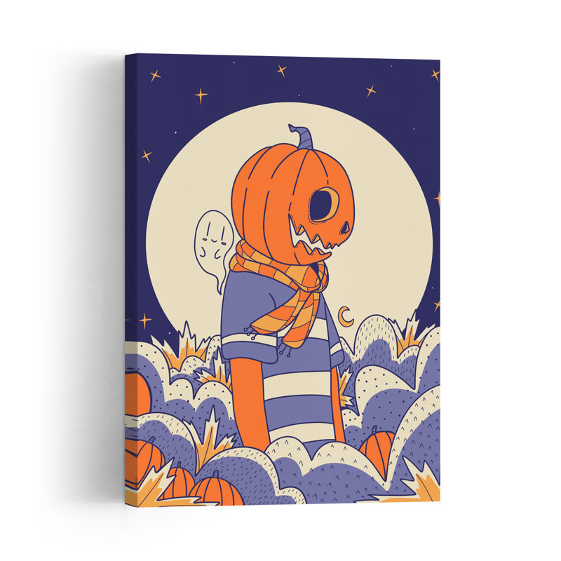 Pumpkin Head Moonlit Night Whimsical Abstract Contemporary Autumn Landscape Wall Art Print 1 Piece Wrapped Canvas Wall Art