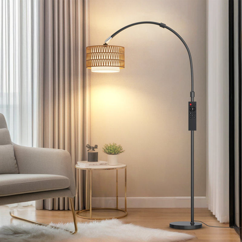 Lampe sur pied Arc Bohemian avec abat-jour en rotin, éclairage intelligent à intensité variable et télécommande