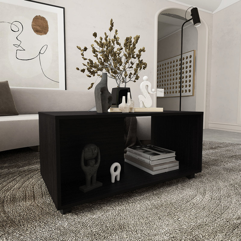 Table basse de salon de 36 po de largeur, noire rectangulaire avec matériaux et mobile